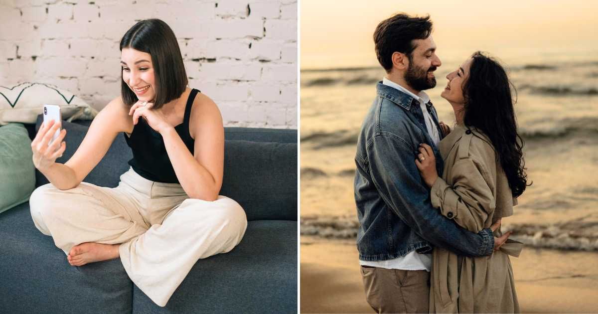 (L) Woman chuckles as she reads text on phone. (R) A couple fondly gazing at each other. (Representative Cover Image Source: Pexels | L - Tima Miroshnichenko, R - Seljan Salimova)