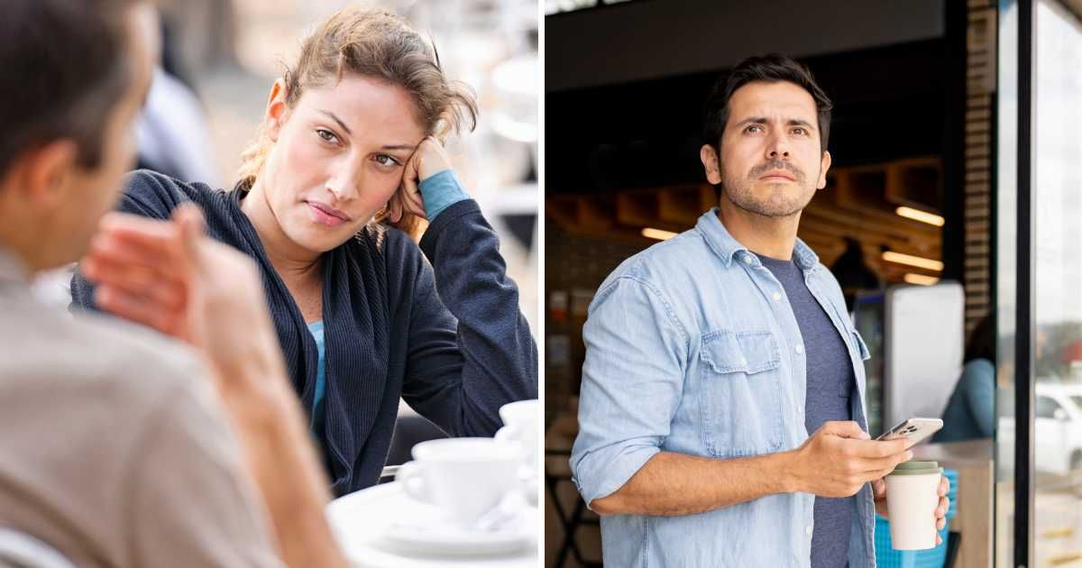 (L) Annoyed woman on a date. (R) The man looks disappointed and frustrated while leaving the store. (Representative Cover Image Source: Getty Images | (L) georgeclerk, (R) Hispanolistic)