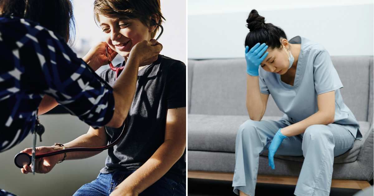 A little boy wearing a stethoscope (L). A nurse looking visibly upset (R Representative Cover Image Source: Getty and Pexel Images | Photo by The Good Brigade and Cedric Fauntleroy