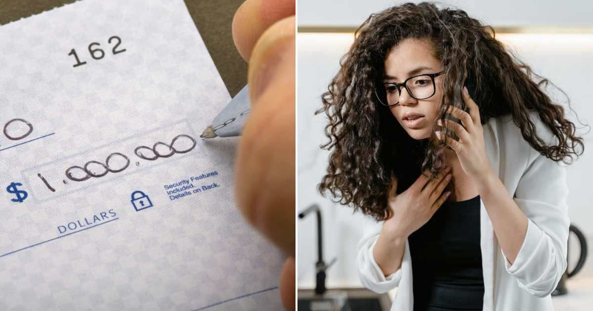 A million-dollar check (L). A woman surprised over a call (R) (Representative Cover Image Source: (L) Getty | cristianl (R) Pexel Images | MART PRODUCTION)