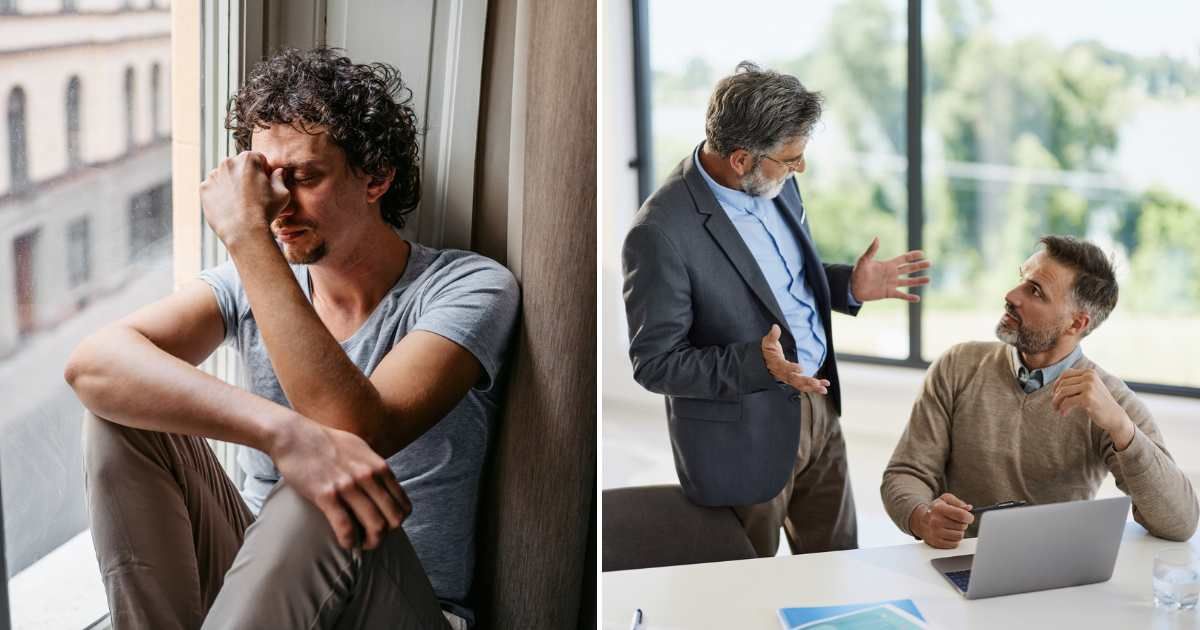 (L) A man grieving his loved one. (R) A man having a serious discussion with his boss. (Representative Cover Image Source: Getty Images| L - skynesher, R - urbazon)