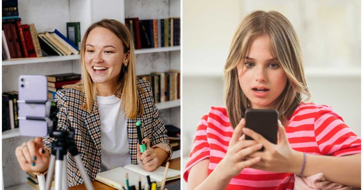 (L) A teenager recording a video of herself; (R) A young girl looks mortified after seeing something on her phone (Representative Cover Image Source: L - Pexels| Antoni Shkraba Studio, R - Getty Images | izusek)