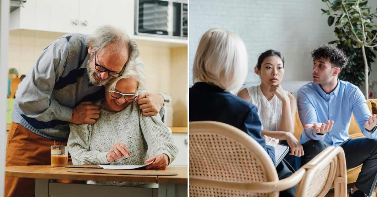 (L) An old couple happily hugging each other. (R) Couple swith relationship problems seek help from a therapist. (Representative Cover Image Source: Pexels| L - T Leish, R - Timur Weber)