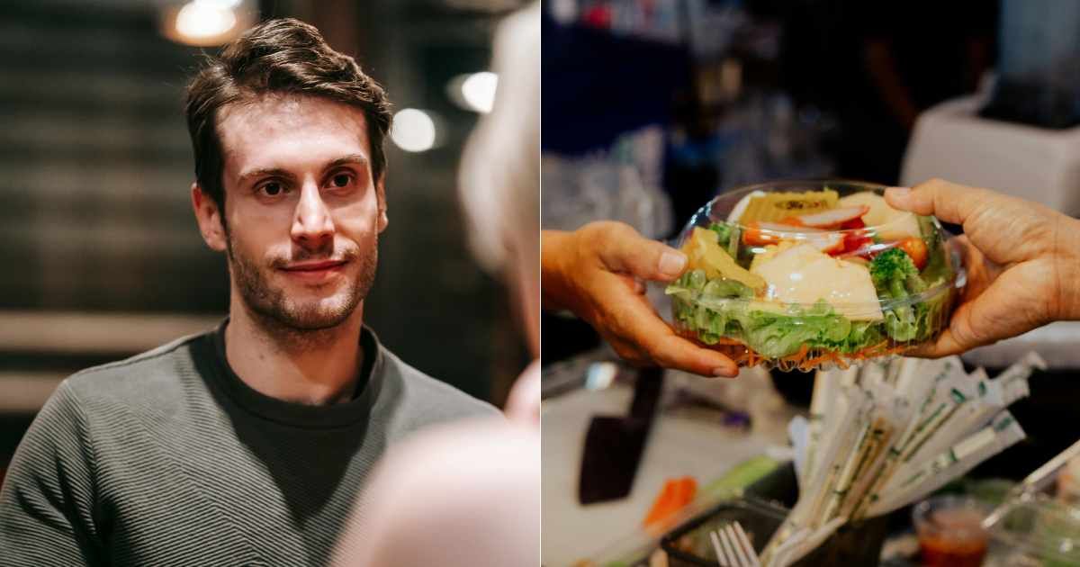 (L) Man smiling proudly at woman on a date. (R) Person taking salad to-go. (Representative Cover Image Source: Pexels| L - Katerina Holmes, R - cottonbro studio)