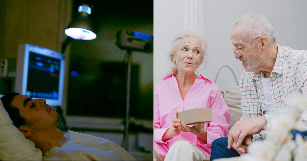 (L) A man hospitalised R) An old couple with a present (Representative Cover Source: Pexels | (L) Valentin Angel Fernandez; (R) SHVETS production)