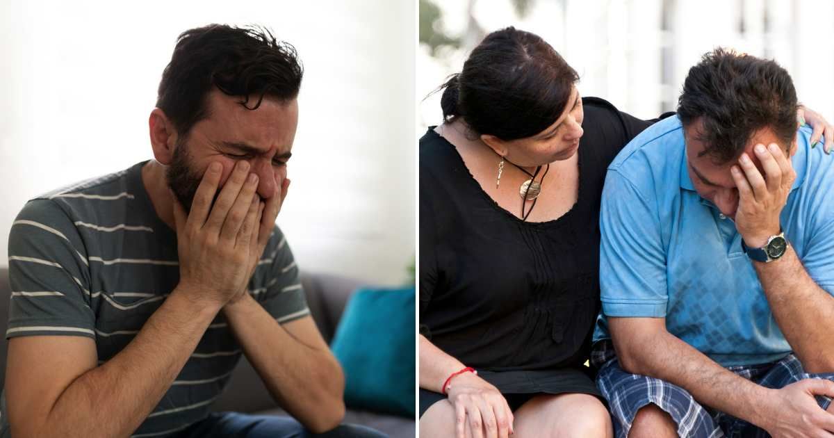 A man in distress (L). A woman comforting a distressed man (R) (Representative Cover Image Source: Getty Images | Photo by Antonio_Diaz and Juanmonino)