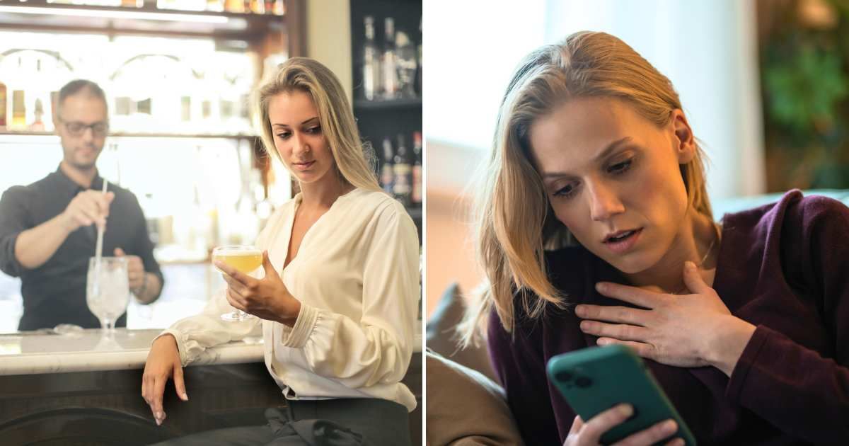 A woman pensively looking away from a bartender (L). Woman shocked at reading something on phone (R) (Representative Cover Image Source: Pexel and Getty Images | Photo by Andrea Piacquadio and DjelicS)