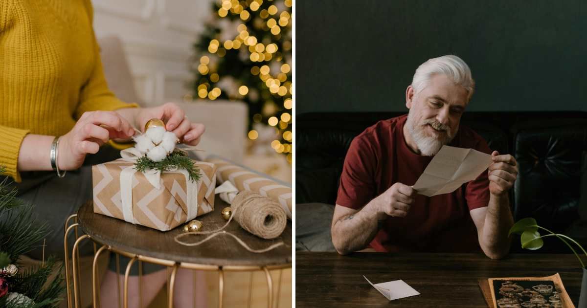 (L) Woman wrapping gift. (R) Man reading letter. (Representative Cover Image Source: Pexels | (L) Julia Volk, (R) cottonbro studio)