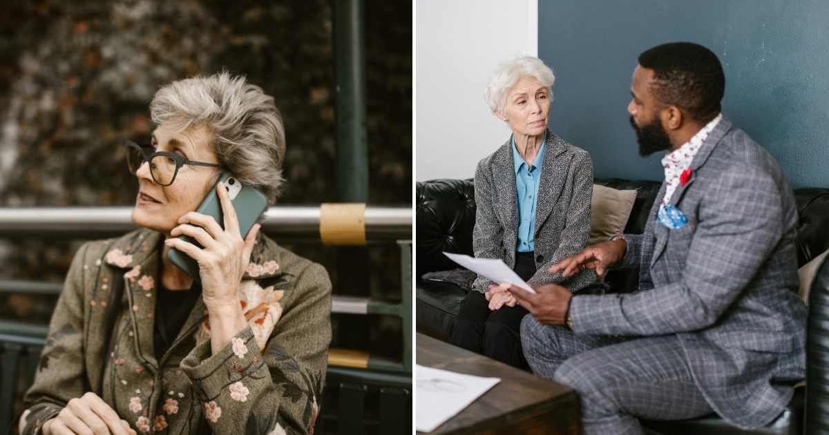 (L) A woman looking upset and calling someone. (R) A senior woman speaking to an authoritative officer. (Representative Cover Image Source: Pexels| RDNE Stock project)