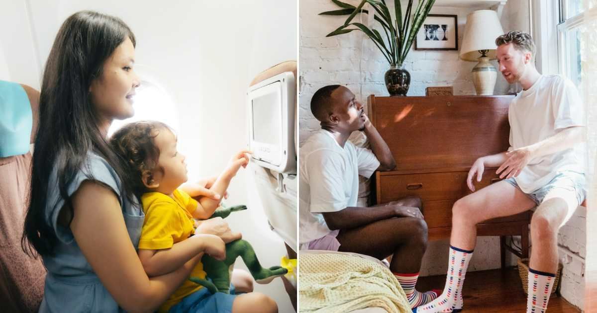 (L) Mom with toddler on flight. (R) Two men discussing. (Representative Cover Image Source: (L) Getty Images | rudi suardi, (R) Pexles | Mizuno K)