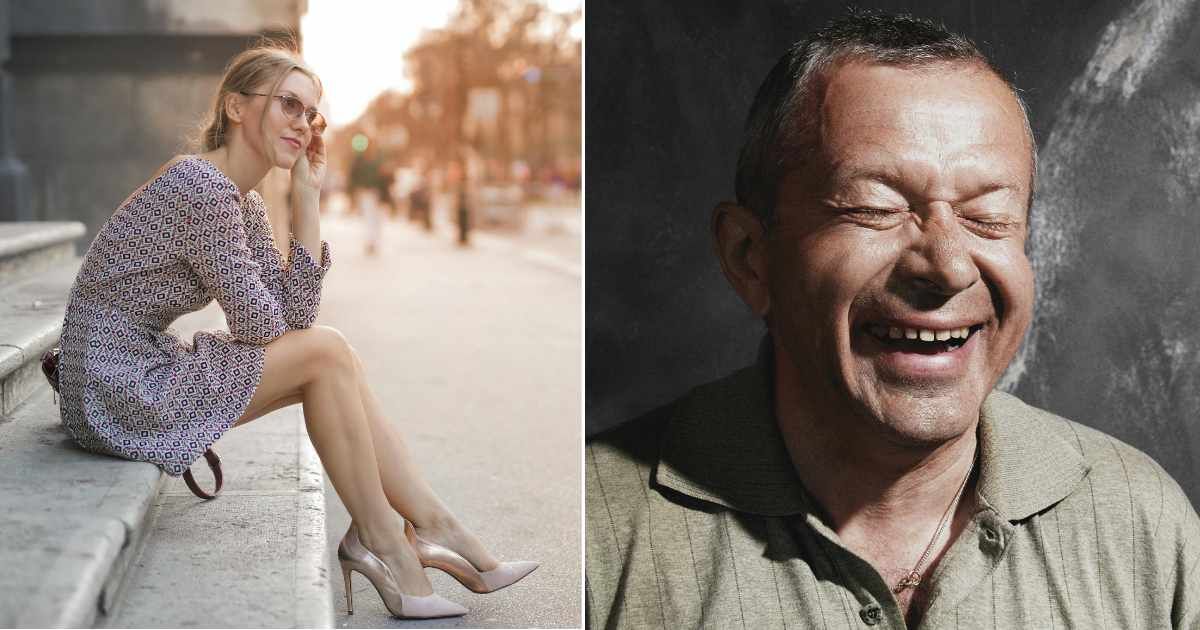 (L) Exhausted woman in heels sits on steps for a break. (R) A man laughing cheerfully.  (Representative Cover Image Source: Pexels | (L) Andrea Piacquadio, (R) Alexander Krivitskiy)