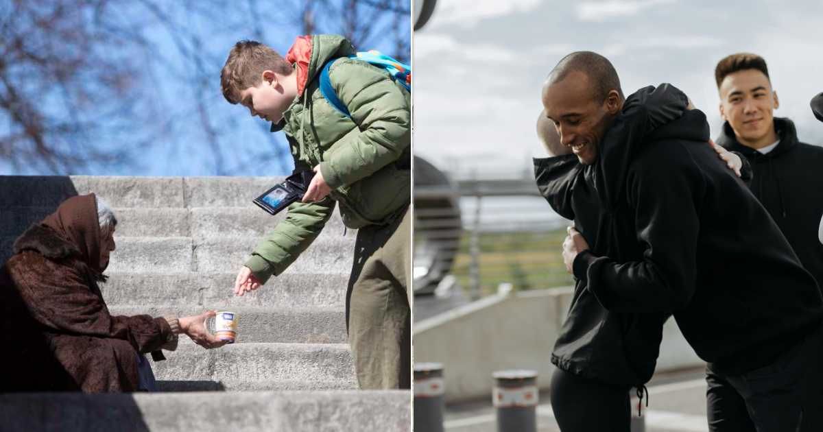 A young boy giving money to a homeless woman. (L). Friends hugging and smiling (R) (Representative Cover Image Source: (L) Getty Images | Photo by Cylon Photo (R) Pexels | cottonbro studio)