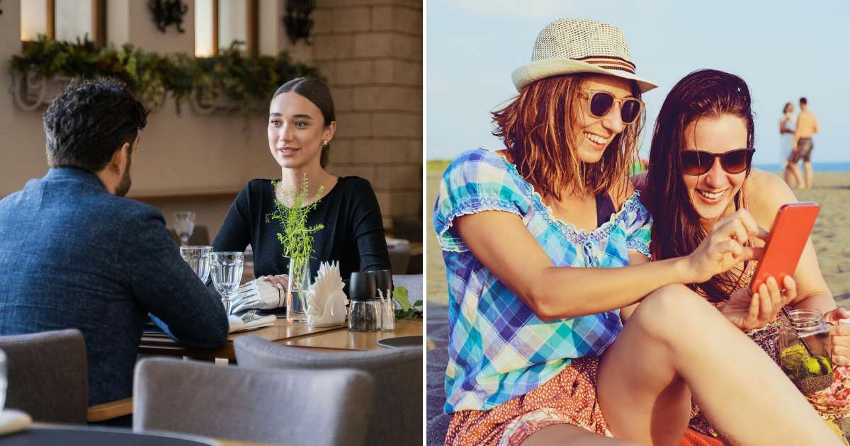 (L) Two people on a date. (R) Two friends on vacation, looking at a cell phone. (Representative Cover Image Source: Pexels | Mikhail Nilov and StudioMikara)