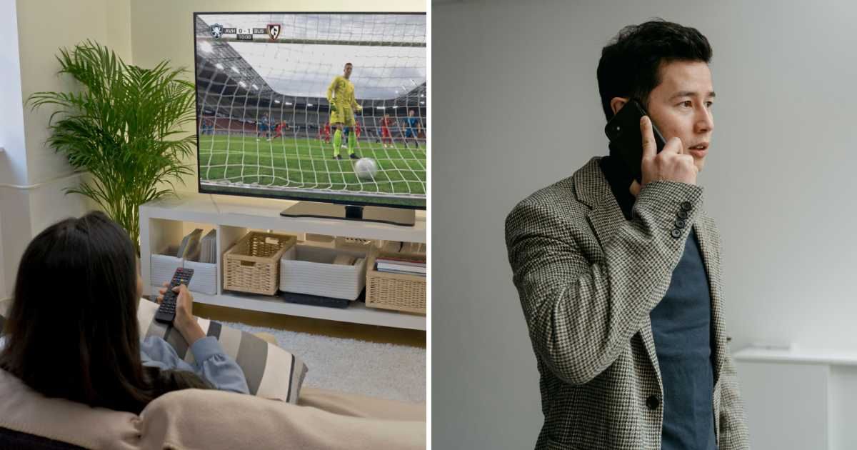 (L) Woman watching match on TV. (R) Man on call. (Representative Cover Image Source: Getty Images, Pexels | (L) simonkr, (R) MART PRODUCTION)