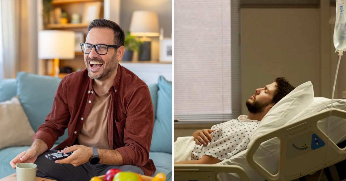 (L) Man laughing watching TV. (R) Man resting on a hospital bed with his eyes closed. (Representative Cover Image Source: Getty Images | (L) Vladimir Vladimirov, (R) David Sacks)