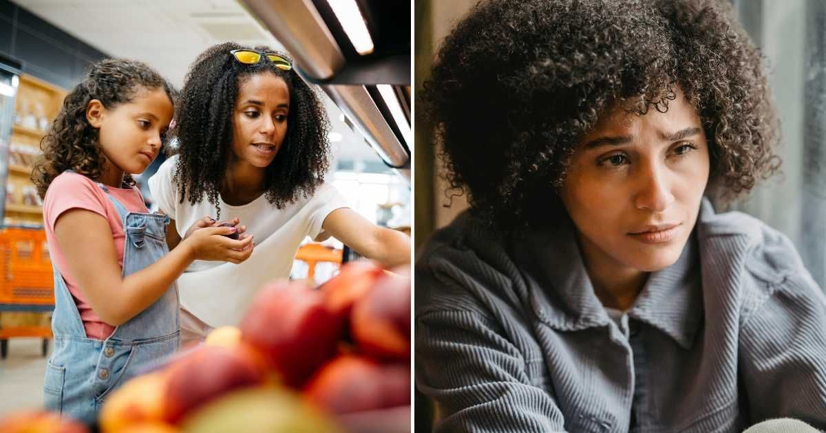 Mother and daughter shopping at a grocery store (L). A woman is thinking with a pensive look on her face. (Representative Cover Image Source: Getty and Pexel Images | Photo by Jordi Salas and Liza Summer )