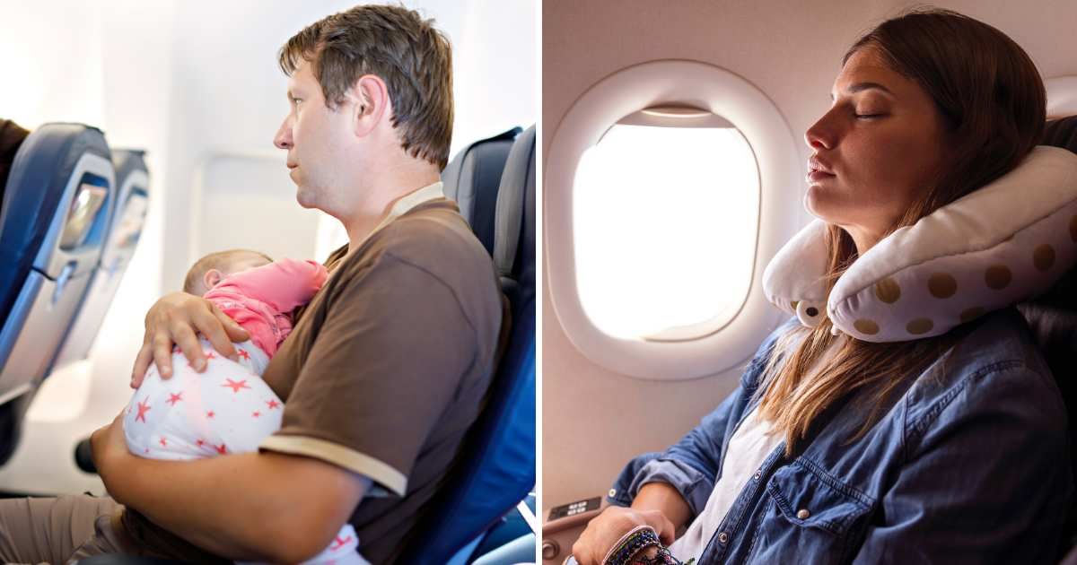 (L) Dad holding baby on plane. (R) Woman sleeping on plane. (Representative Cover Image Source: Getty Images | (L) romrodinka, (R) mihailovanovic)