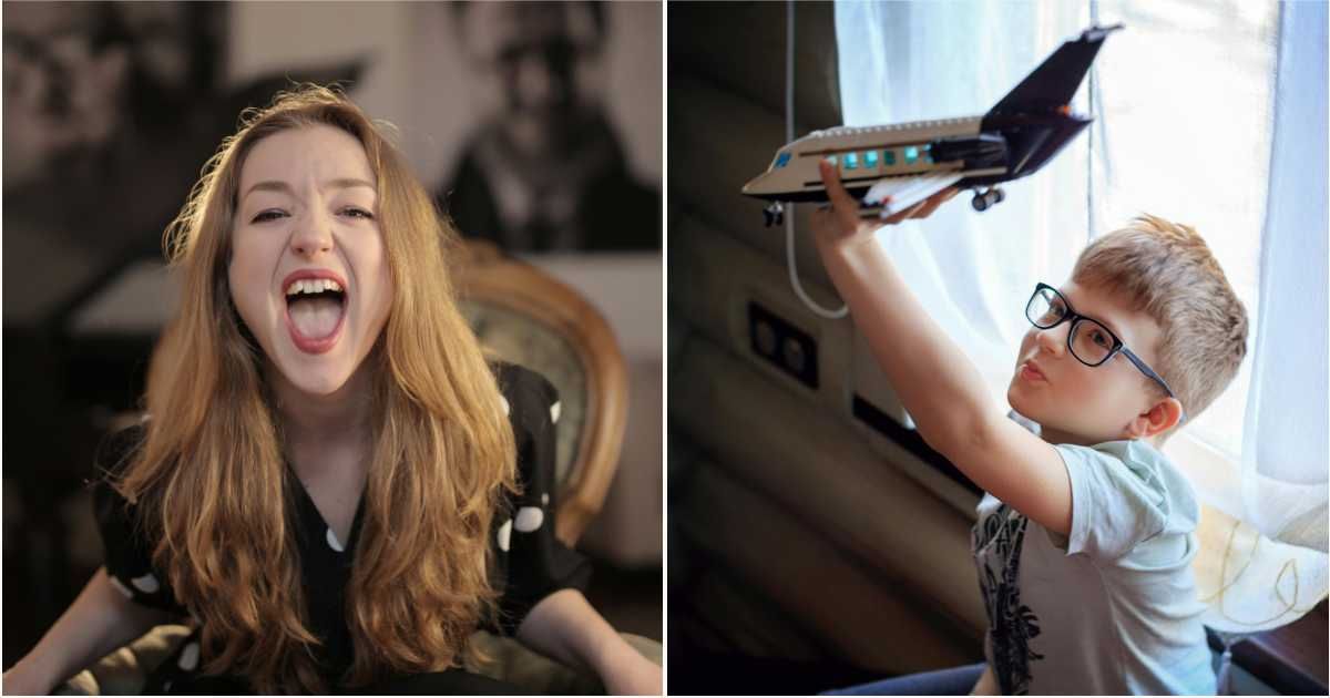 (L) Woman yelling out of frustration. (R) Little boy playing with toy while traveling. (Representative Cover Image Source: Pexels| L - Andrea Piacquadio, R - Vikki)