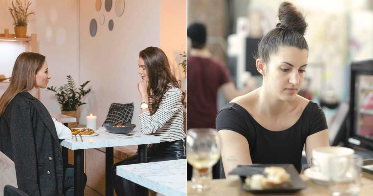 (L) Two friends having dinner at a restaurant. (R) Woman upset and alone. (Representative Cover Image Source: Pexels| L - Tima Miroshnichenko, R - Andrea Piacquadio)