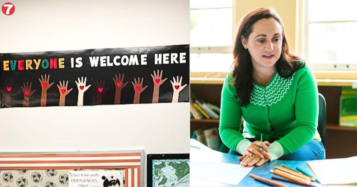 (L) Teacher's 'Everyone is welcome here' poster in classroom. (R) Teacher in classroom. (Representative Cover Image Source: L - YouTube| @ktvb7, R - Pexels| RDNE Stock Project)