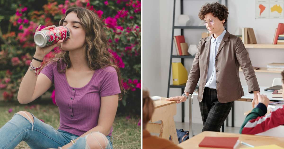 (L) A teen girl is enjoying an energy drink. (R) Teacher looks disappointed in the classroom. (Representative Cover Image Source: Pexels | L - Roberto Gutiérrez, R - Max Fischer)
