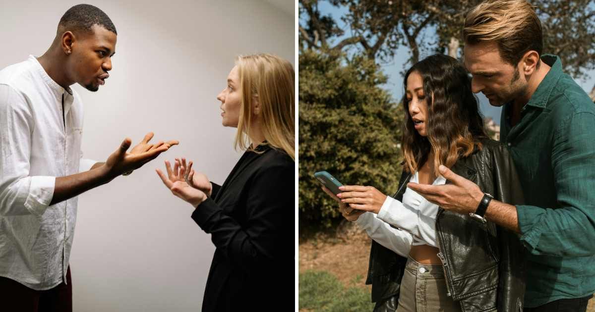 (L) Couple arguing. (R) People stunned looking at phone. (Representative Cover Image Source: Pexels | (L) Yan Krukau, (R) RDNE Stock project)