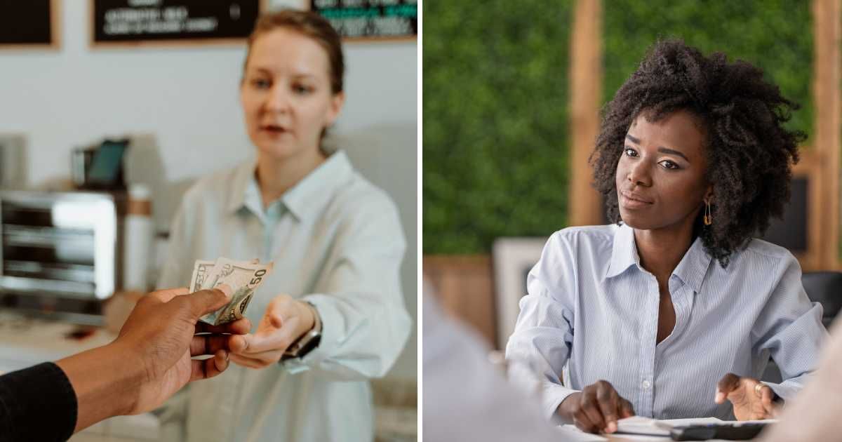 (L) Woman taking cash from customer. (R) Serious woman at work. (Representative Cover Image Source: Pexels, Getty Images | (L) RDNE Stock project, (R) valentinrussanov)