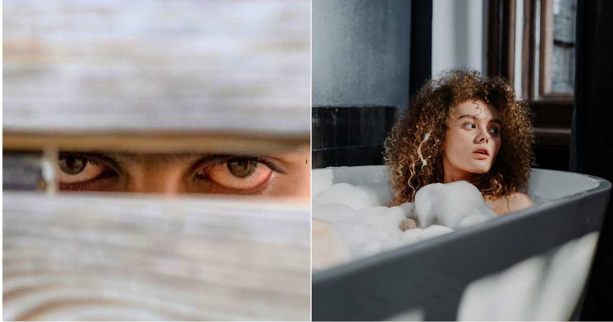 (L) A person peeping through a wall ; (R) A woman looking suspiciously while taking a bath. (Representative Cover Image Source: L - Getty Images | viresh studio; R - Pexels| cottonbro studio)