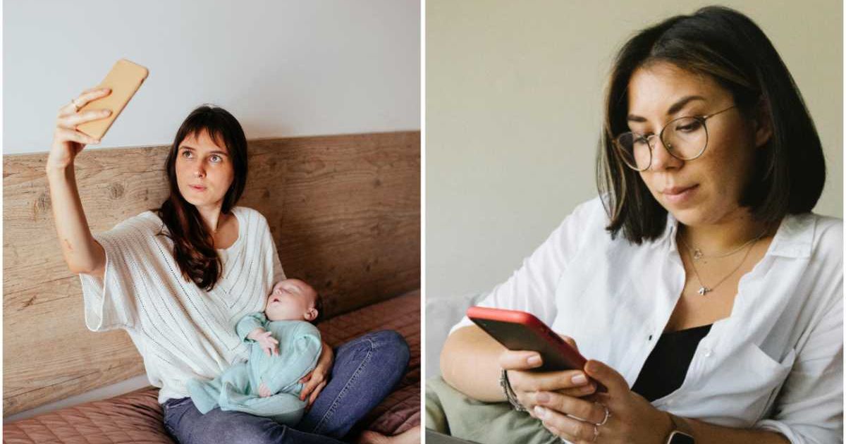 (L) A babysitter clicking a picture of a sleeping baby; (R) A woman looks shocked and upset at her phone (Representative Cover Image Source: Pexels | L - Helena Lopes; R - Meruyert Gonullu)