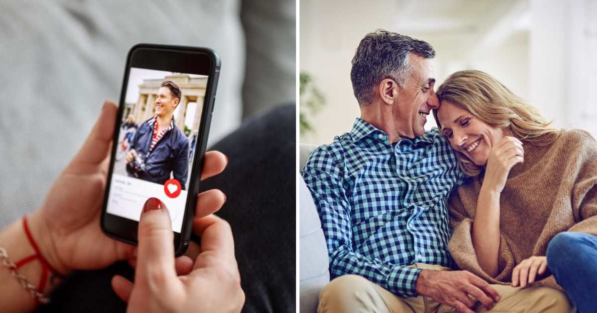 (L) Woman checking a dating profile. (R) Happy couple sitting together on sofa. (Representative Cover Image Source: Getty Images | (L) Luis Alvarez, (R) kupicoo)