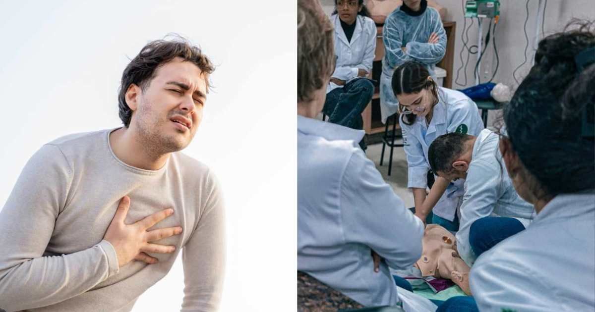 (L) Man having cardiac arrest (R) EMS Instructors rehearsing an emergency situation (Representative Cover Source: (L) Getty Images | Photo by Alberto Case (R) Pexels | Guilhemro)