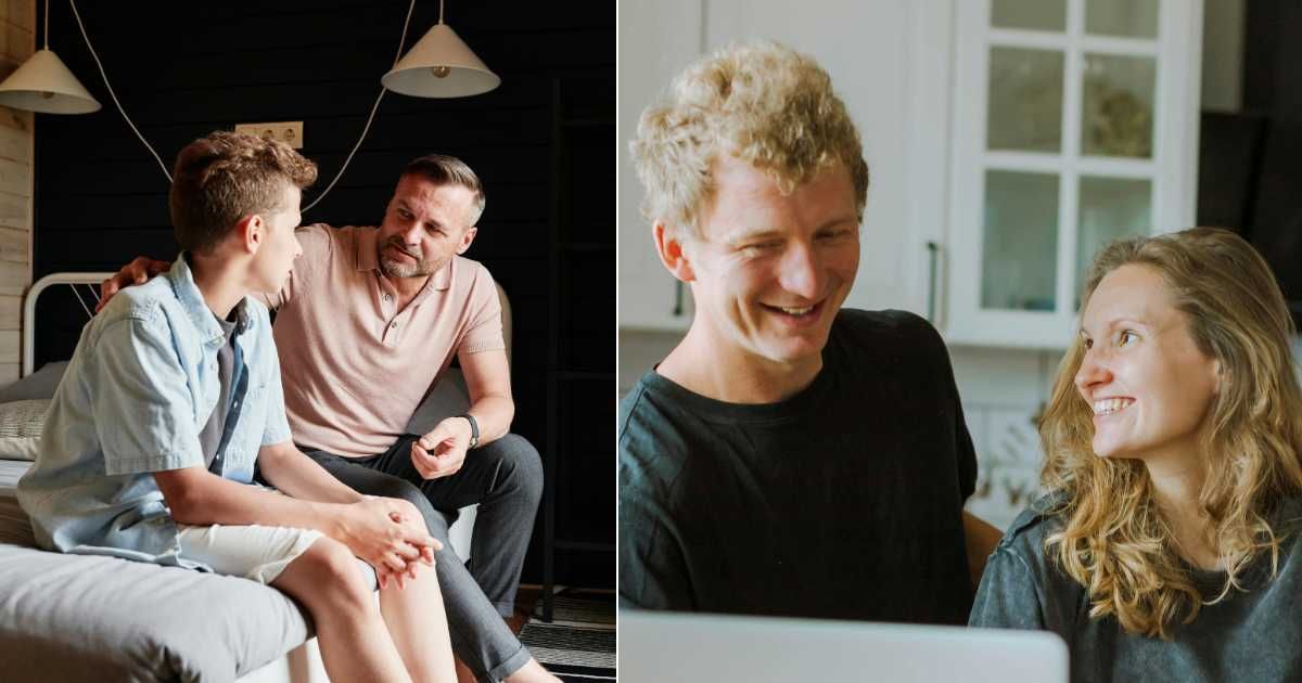 (L) A dad talking to his son. (R) A Couple looks surprised and smiles. (Representative Cover Image Source: Pexels| L - Julia M Cameron, R - Anastasia Shuraeva)