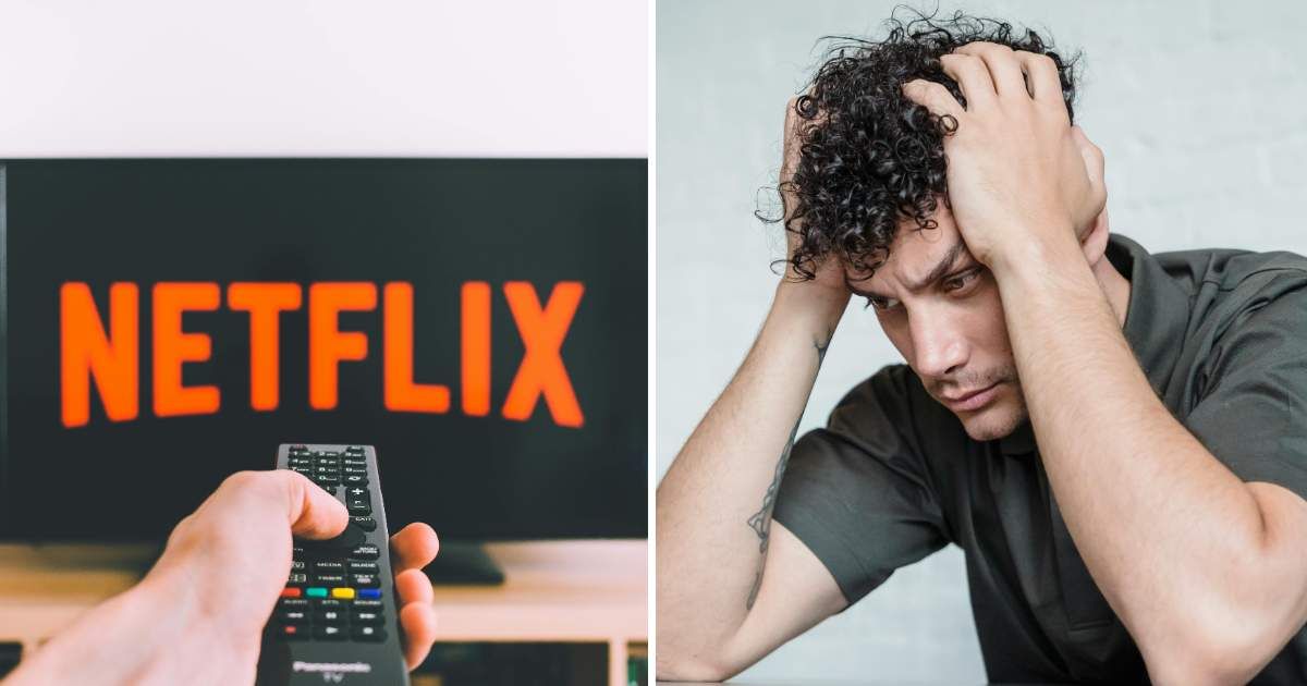 (L) Man watching Netflix on TV. (R) Annoyed  man holding his head. (Representative Cover Image Source: Pexels | (L) freestocks.org , (R) Timur Weber)