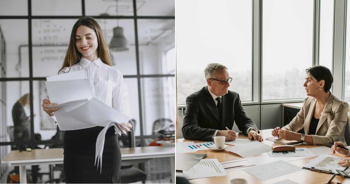 (L) A woman smiling and working in an office. (R) A manager is having a serious discussion with an employee. (Representative Cover Source: Pexels | (L) Gustavo Fring; (R) Vlada Karpovich)