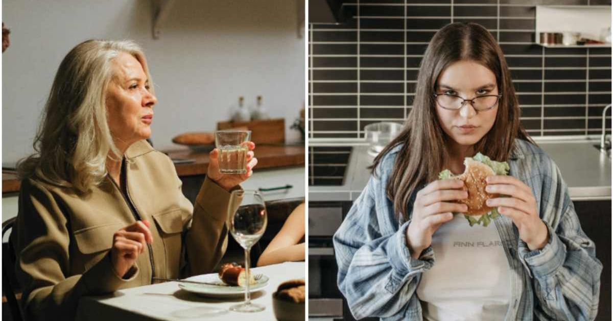 (L ) An old woman talking to someone at dinner ; (R) A young woman eating her meal (Representative Cover Image Source: Pexels | Photo by (L) Anna Shvets ; (R) Pavel Danilyuk)