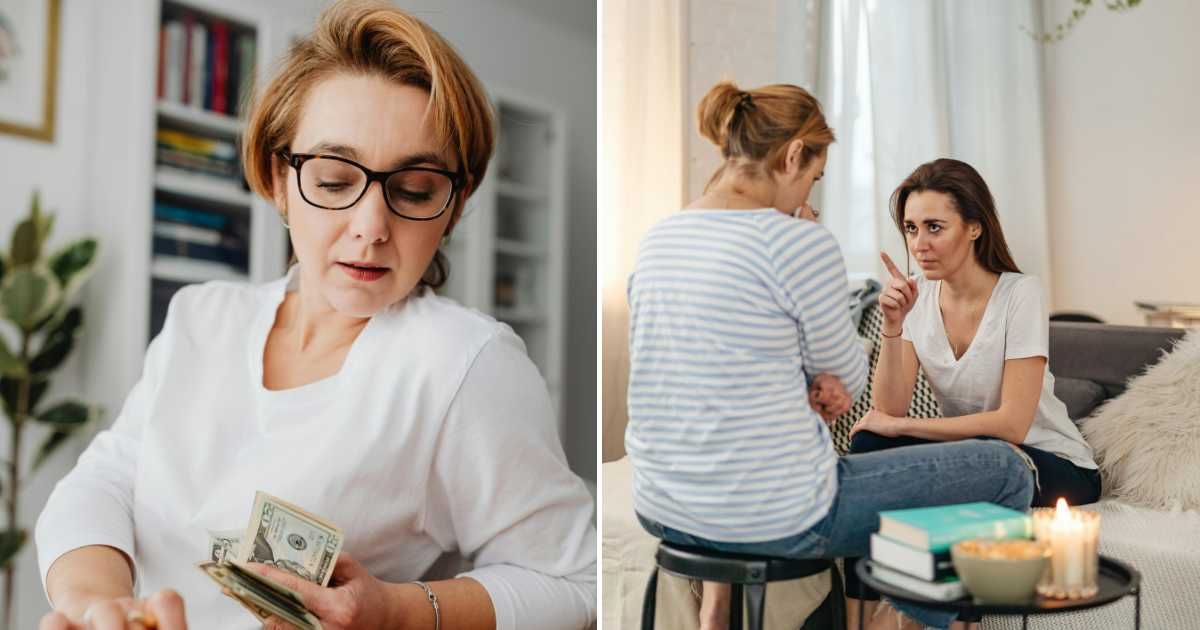 (L) A woman carefully counting money and budgeting. (R) Two women having an argument. (Representative Cover Image Source: Pexel Images | Kaboompics)