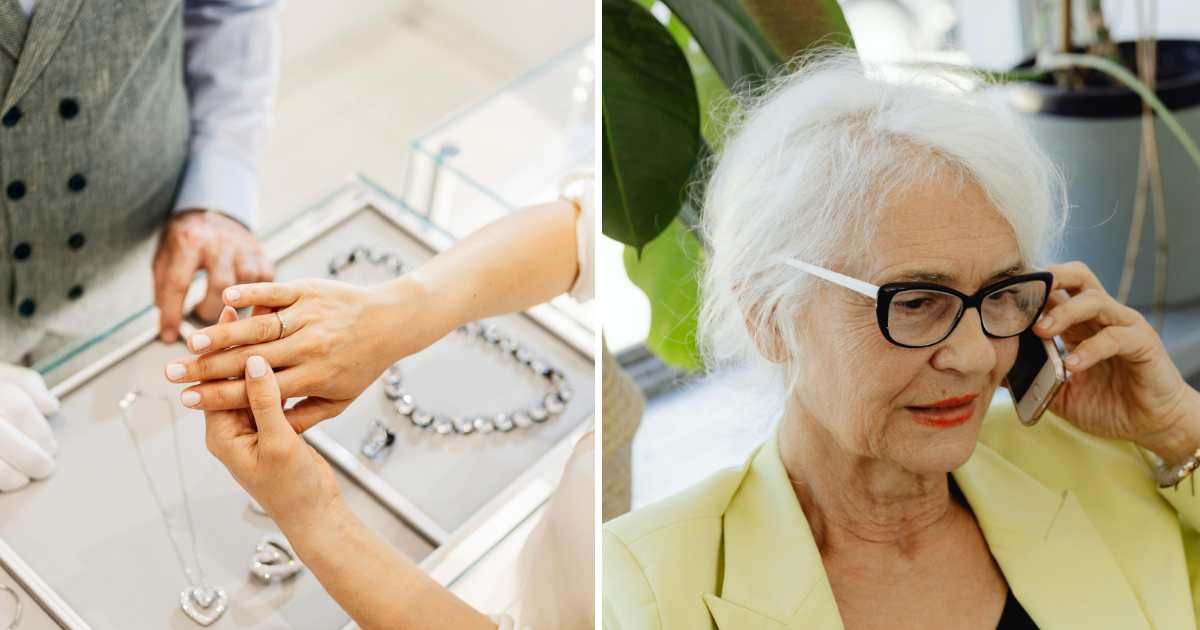 (L) Woman trying ring at store. (R) Old woman on call. (Representative Cover Image Source: Getty Images, Pexels | (L) Zorica Nastasic, (R) www.kaboompics.com)