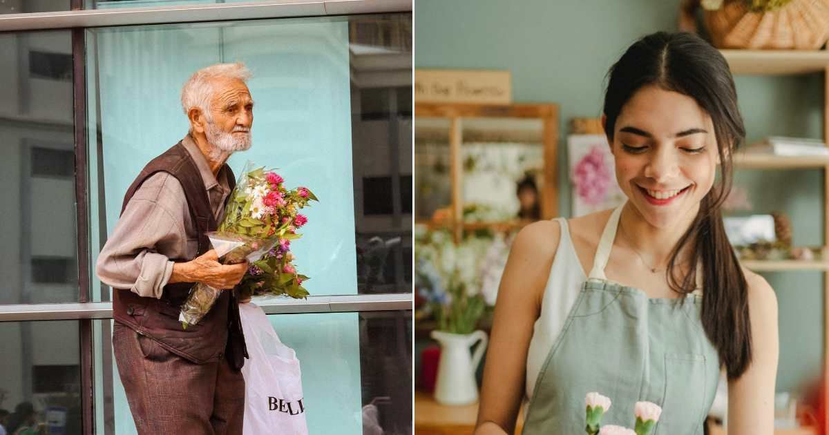An old man carrying a bouquet (L). A teen with flowers (R)  (Representative Cover Image Source: Pexel and Getty Images | Photo by ren lavsad and Amina Filkins)