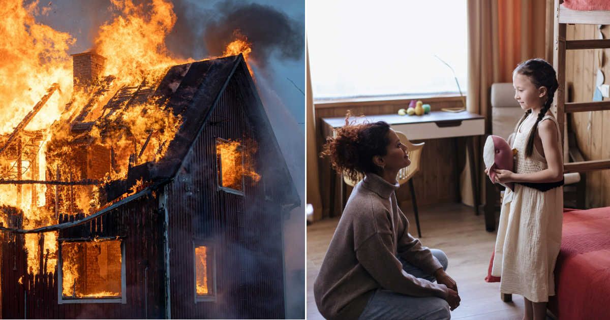 (L) A house burning after an explosion (R) A mother talking to her child (Representative Cover Source: Pexels | (L) Jani Kantokoski; (R) Ron Lach)