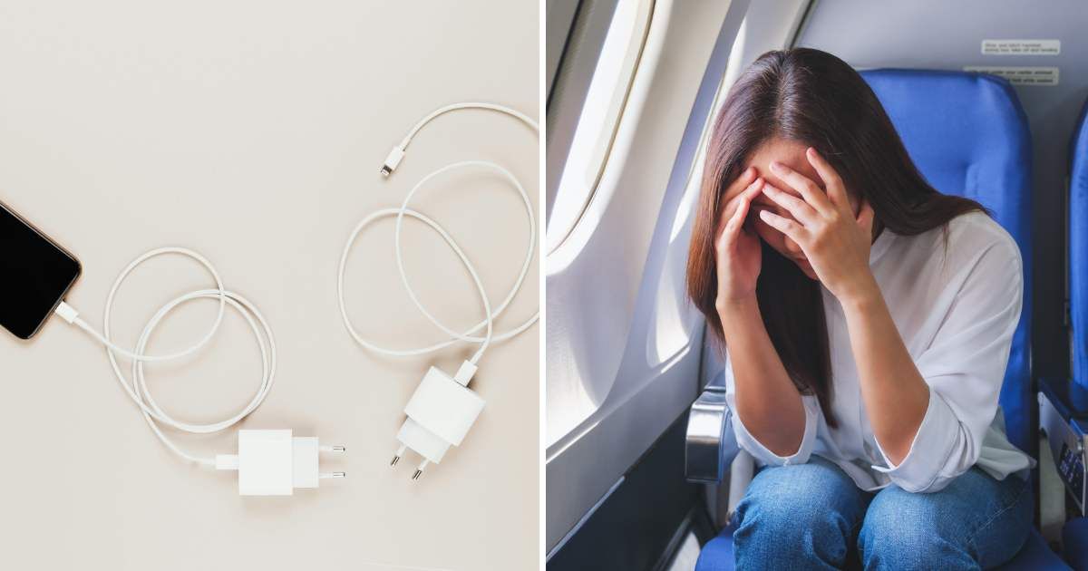 (L) Charging cables. (R) Embarrassed woman sitting on plane. (Representative Cover Image Source: Pexels, Getty Images | (L) www.kaboompics.com, (R) Farknot Architect) 
