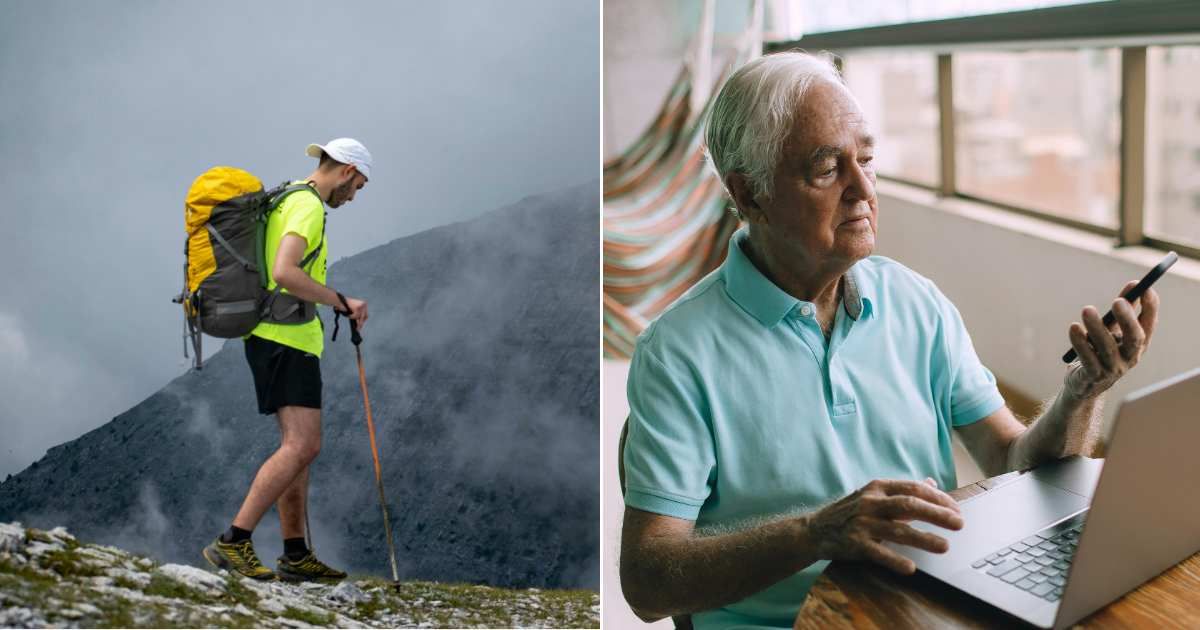 (L) A man hiking on mountains (R) An elderly man listening to a voice note on his mobile (Representative Cover Source: Pexels | (L) Georgios Parlantzas; (R) Helena Lopes)