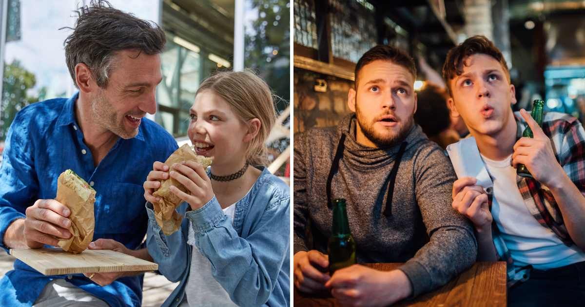 (L) Dad and daughter having lunch together. (R) Two men watching something. (Representative Cover Image Source: Getty Images | (L) Westend61, (R) RgStudio)