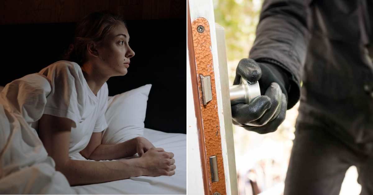 (L) A frightened woman in her bedroom (R) An intruder breaking into a home (Representative Cover Source: (L) Pexels | Ron Lach; (R) Getty Images | Westend61)