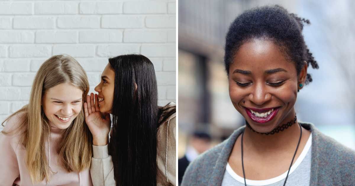 (L) Teenage girls talking and laughing amongst themselves. (R) Woman smiling to herself. (Representative Cover Image Source: L - Pexels| Kaboompics, R - Getty Images| electravk)