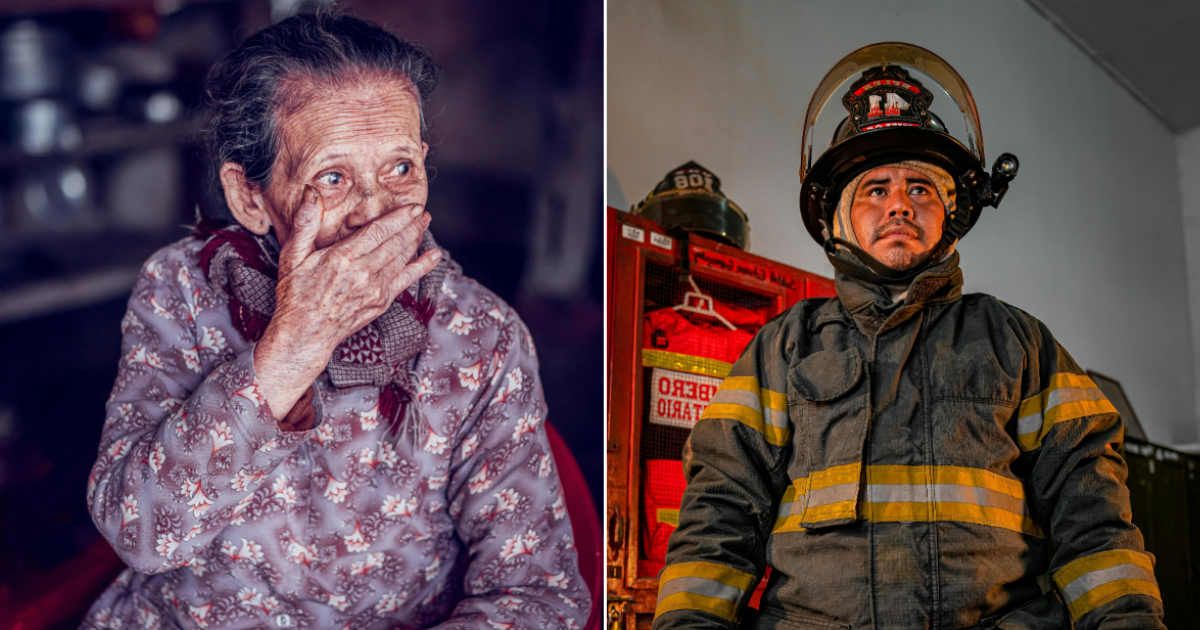 (L) An elderly woman wiping her tears (R) A firefighter on duty (Representative Cover Source: Pexels | (L) Thành Văn Đình; (R) Nando Freitasa)