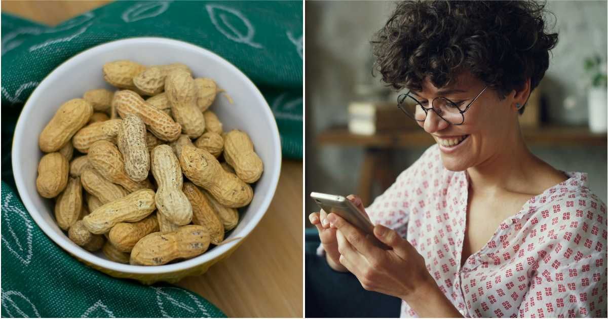 (L) Bowl of boiled peanuts. (R) A woman smiling as she looks into her phone. (Representative Cover Image Source: Pexels| L - Damian Sochacki, R - Vitaly Gariev)