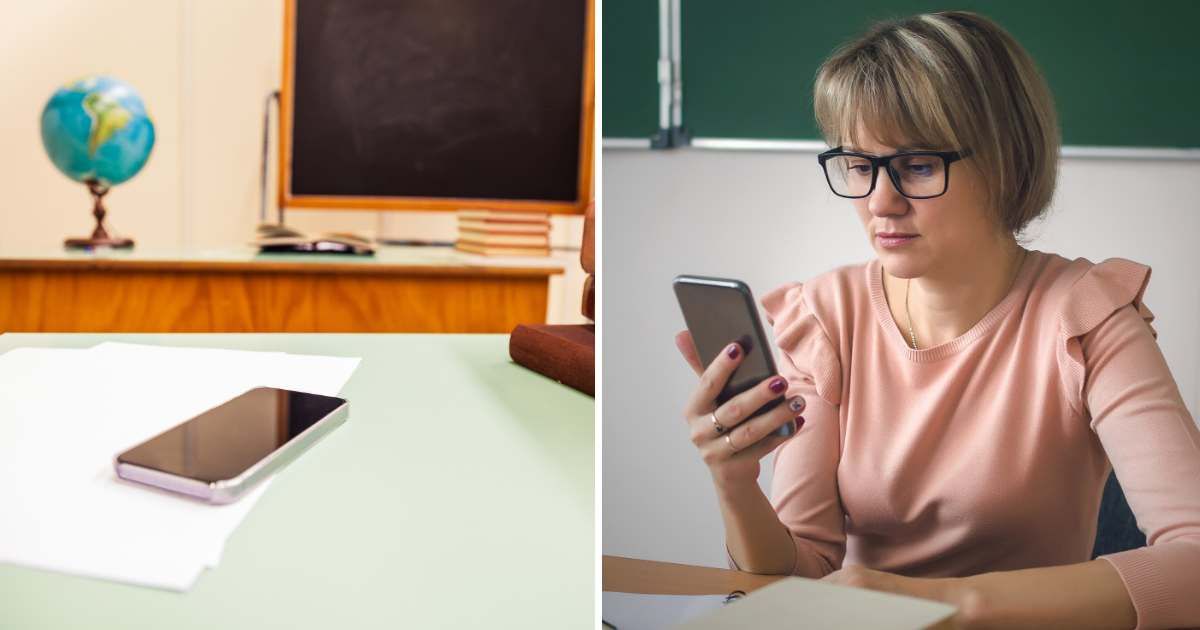 (L) Phone on the teacher's desk. (R) A stunned teacher is looking at a phone in the classroom. (Representative Cover Image Source: Getty Images | (L) Leo Patrizi, (R) undefined)