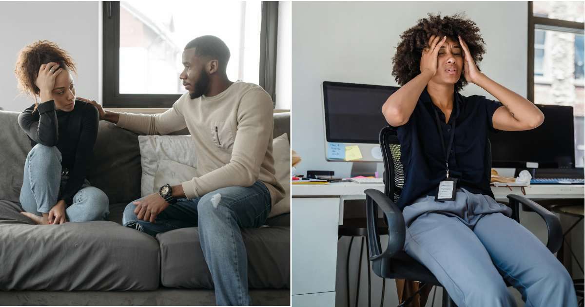 (L) Man comforting and reassuring woman. (R) Woman is exhausted at work. (Representative Cover Image Source: Pexels| L - Pavel Danilyuk, R - Mizuno K.)