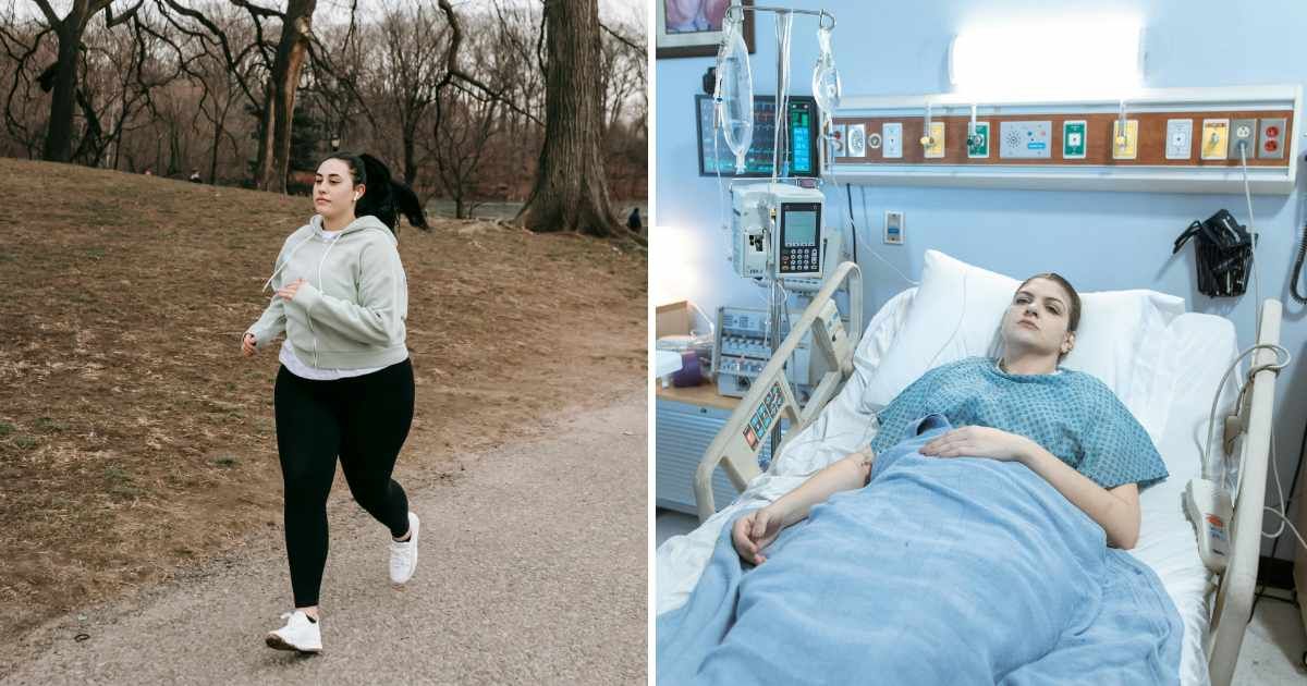 (L) Woman jogging in park. (R) Sad woman in hospital. (Representative Cover Image Source: Pexels | (L) Andres Ayrton, (R) RDNE Stock project)