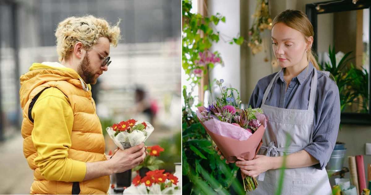 (L) Man buying flowers. (R) Florist preparing bouquet at shop. (Representative Cover Source: Pexels | (L) Gustavo Fring; (R) Anna Shvets)